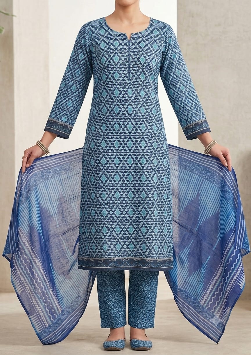Geometric Blue Print 3 Piece Unstitched Printed Lawn Dress