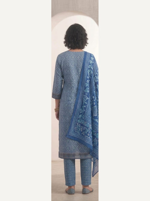 Geometric Blue Print 3 Piece Unstitched Printed Lawn Dress