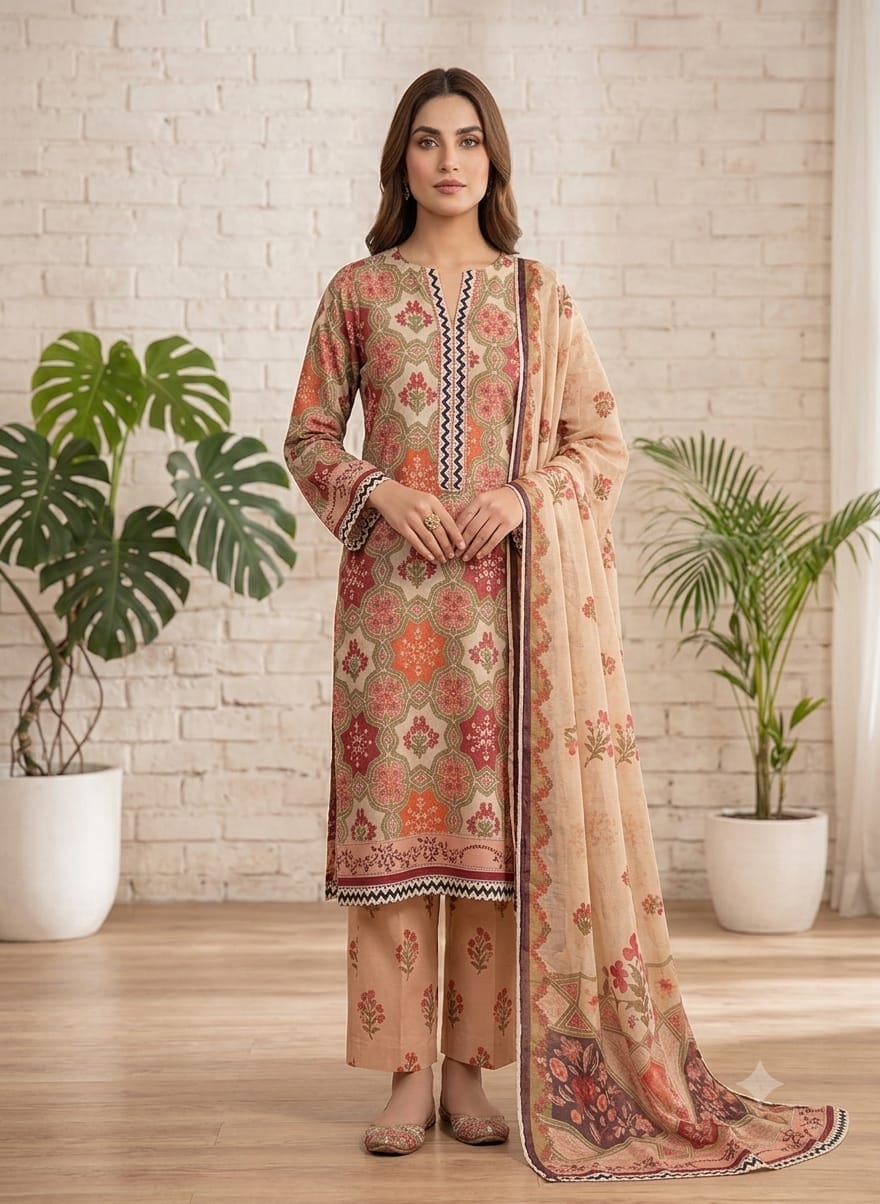 J. 3 Piece Unstitched Printed Lawn Dress