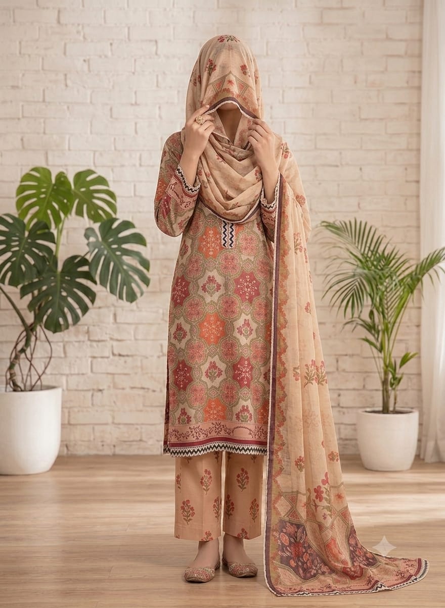 J. 3 Piece Unstitched Printed Lawn Dress