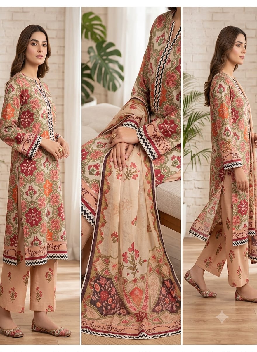 J. 3 Piece Unstitched Printed Lawn Dress